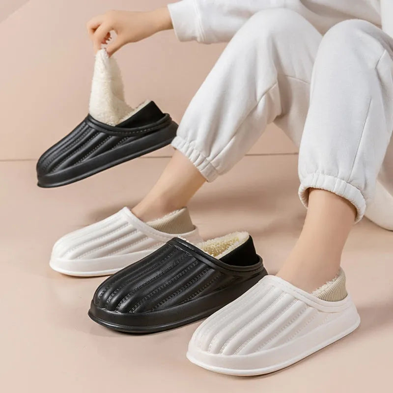 Thickened couple slippers in grey, EVA sole, non-slip, round toe, plush lined winter home shoes