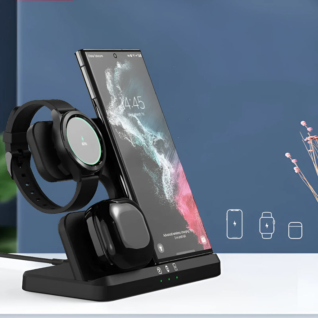 White vertical 3-in-1 wireless charging stand holding a mobile phone, a smartwatch, and wireless earbuds.