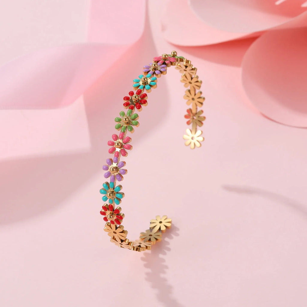 Stainless steel flower bracelet with oil dripping colour and geometric design, electroplated fashion OL style for women