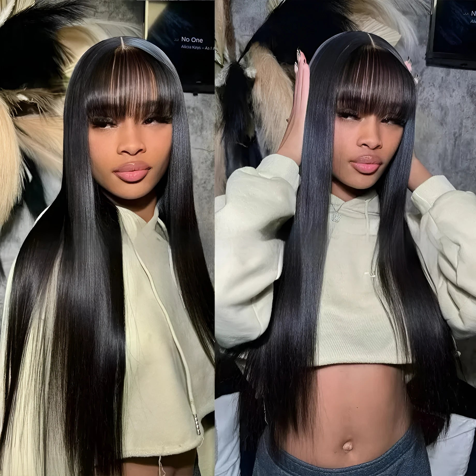 Natural colour human hair wig with straight fringe and full-mechanism headgear on display