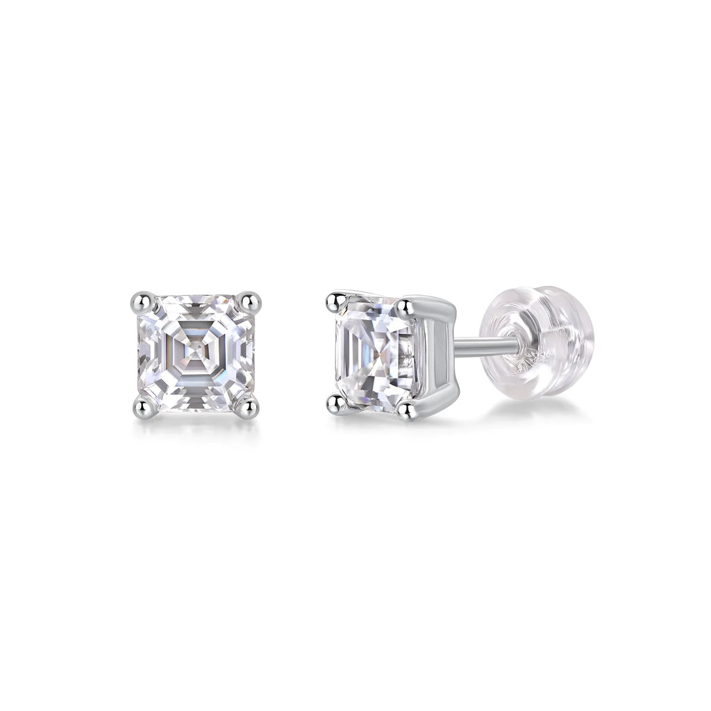 Pair of square cut moissanite stud earrings in S925 silver with platinum plating, gold colour finish, in gift box with GRA certificate