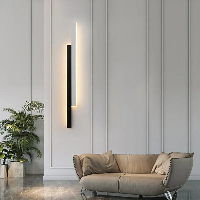 Modern black and white LED strip wall lamp with a grid-free pole gate design and acrylic shade.