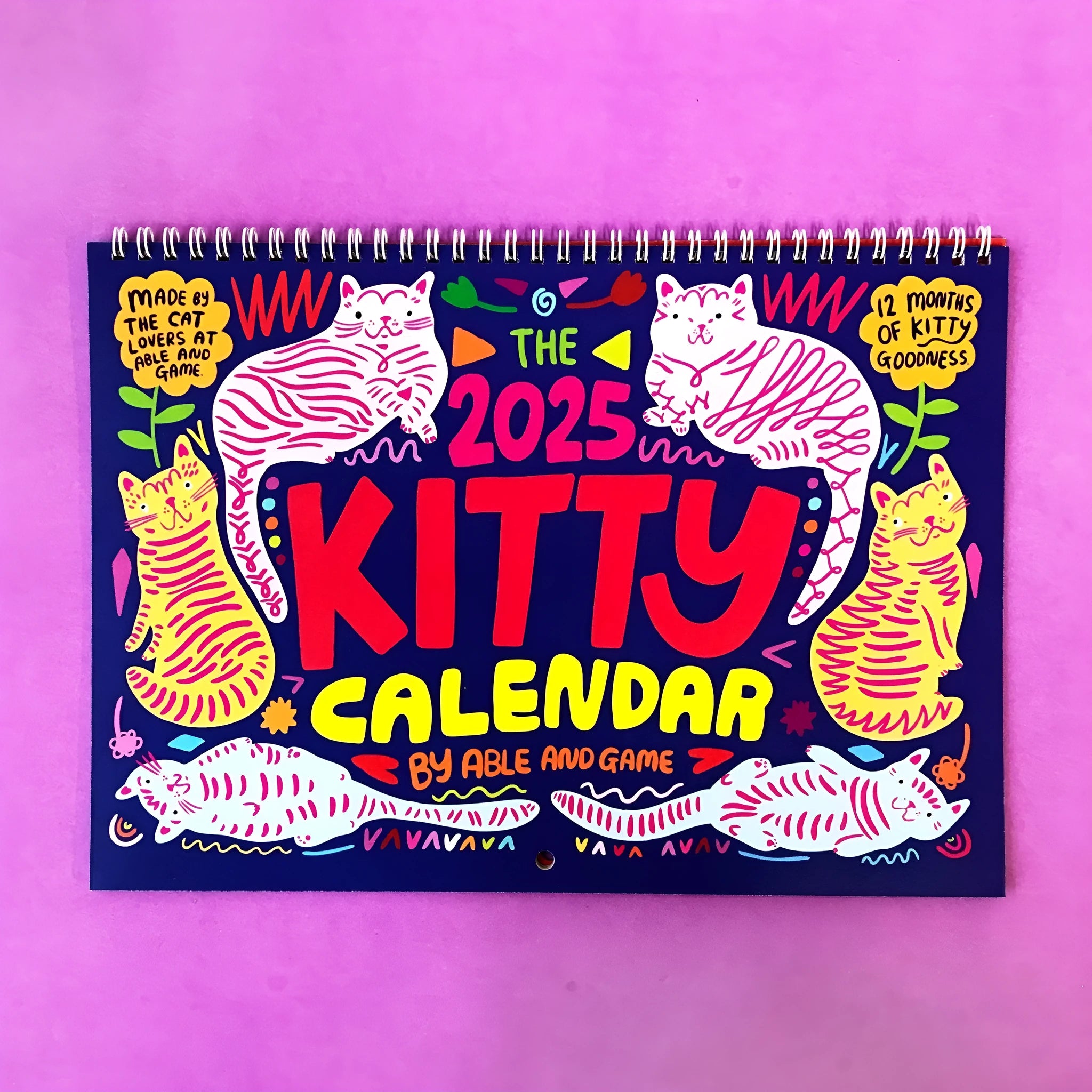 Cat calendar wall planner for 2024 or 2025 on a 42x30 cm paper sheet