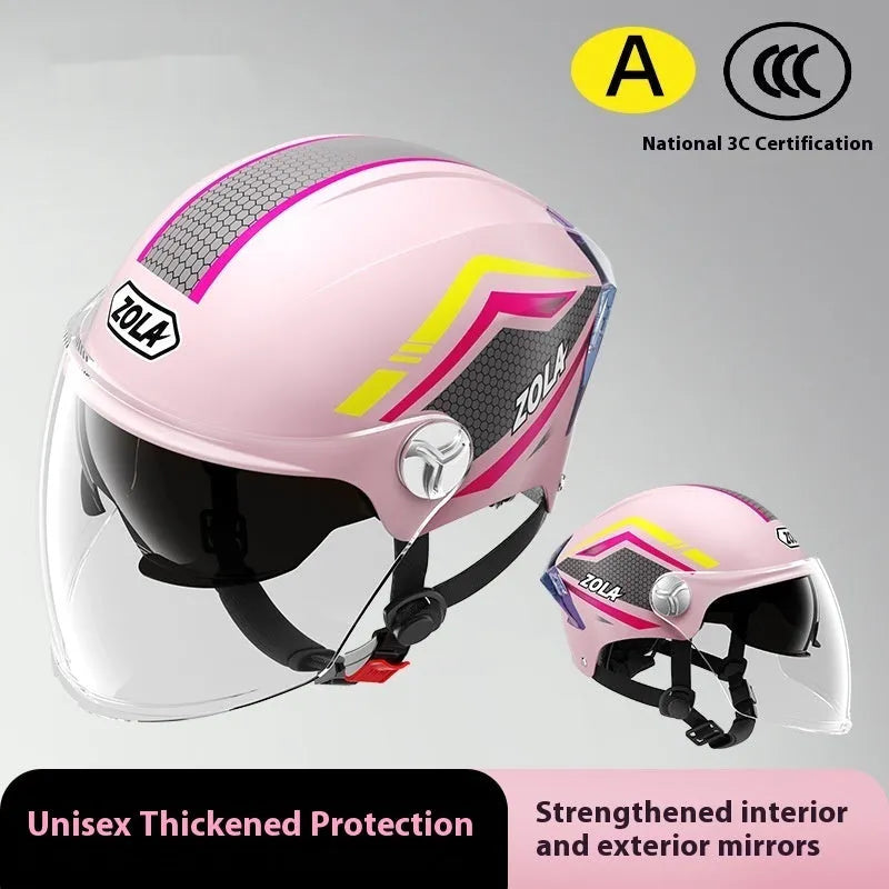 3C certified motorcycle half helmet with fixed sun visor and dual side mirrors in light brown colour