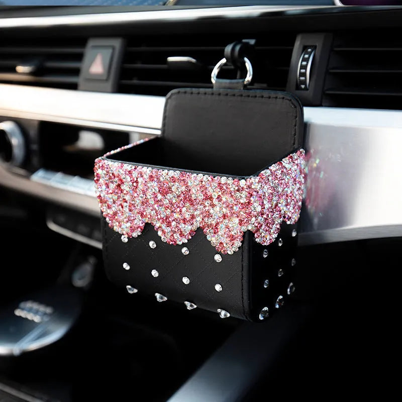 Diamond-studded leather car storage box with handmade Czech rhinestones in white colour