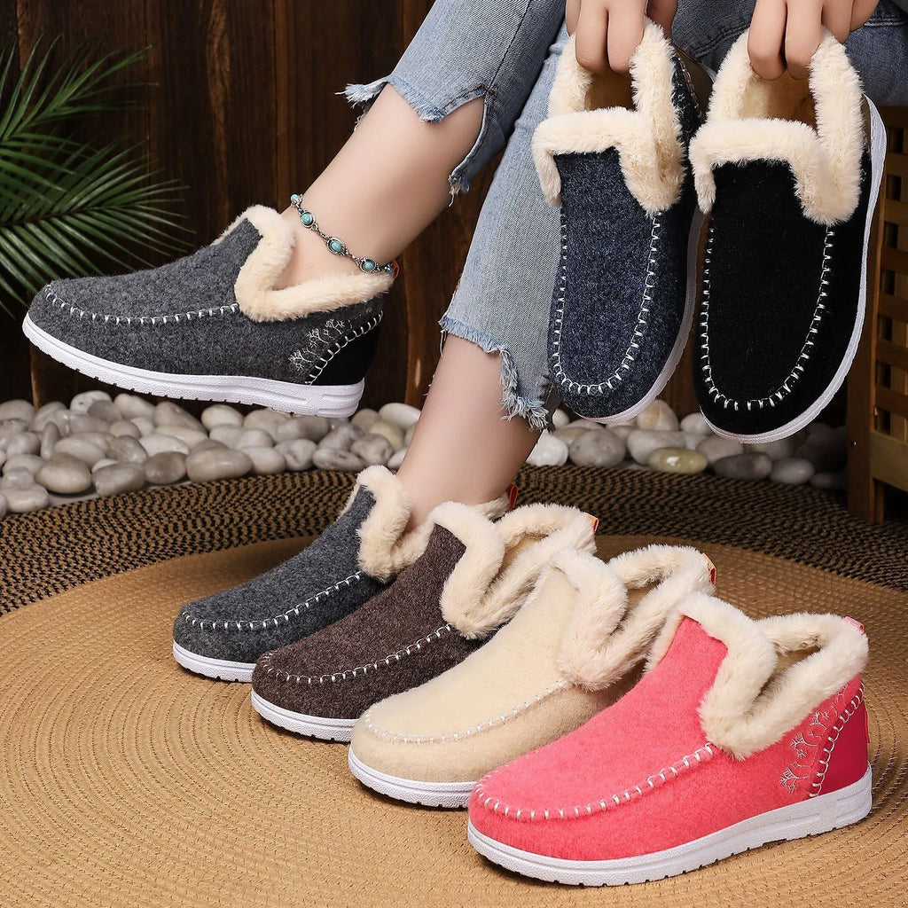 Pair of women's cold-proof cotton overboots with flat heel and PVC sole, shown in a choice of colours