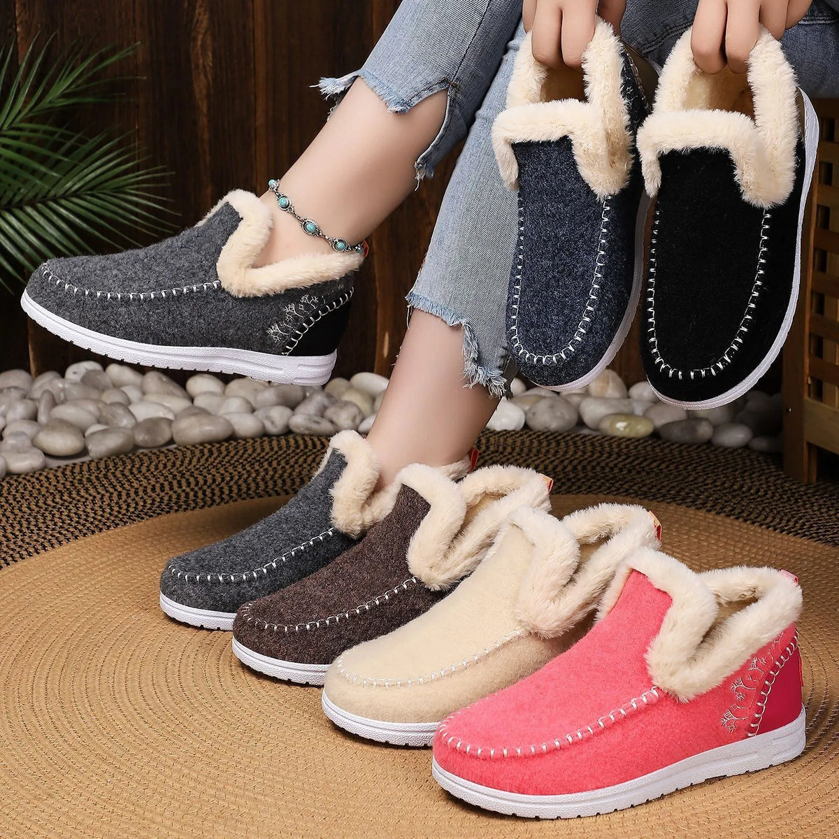 Pair of women's cold-proof cotton overboots with flat heel and PVC sole, shown in a choice of colours
