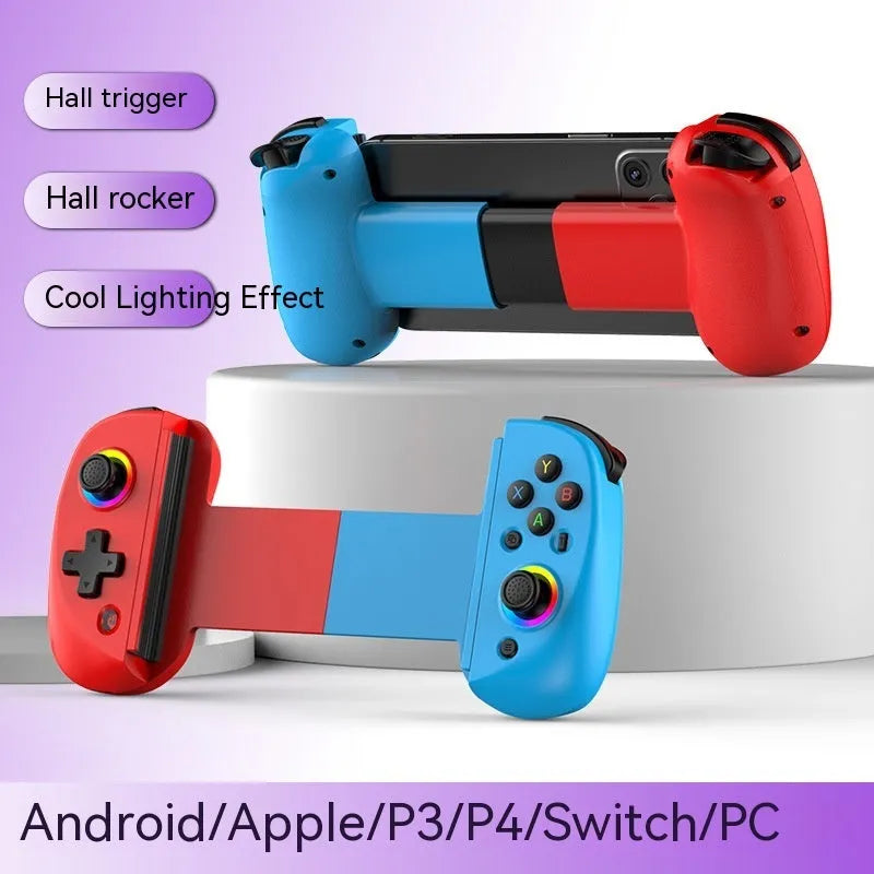 D8 Bluetooth gamepad extended to hold a tablet, showing black plastic body with coloured option highlights.