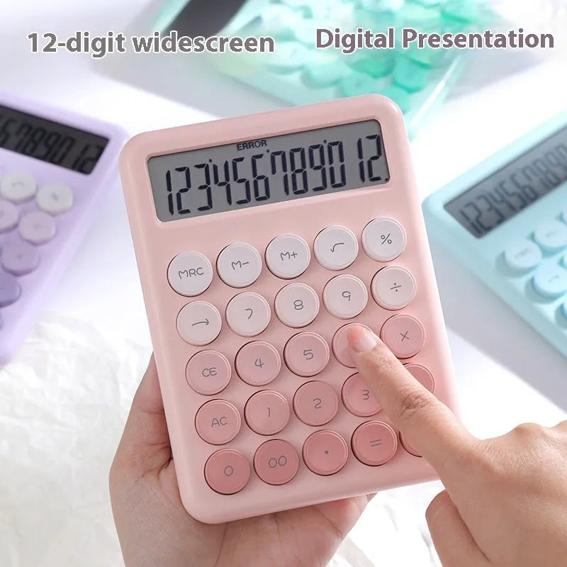 Desk calculator with gradient colour design in violet, pink, blue, and green options