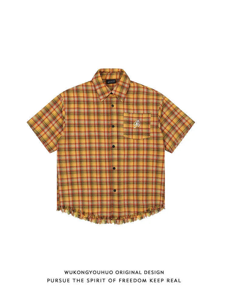 Yellow grid plaid short sleeve shirt with embroidered pocket, loose fit design for men and women