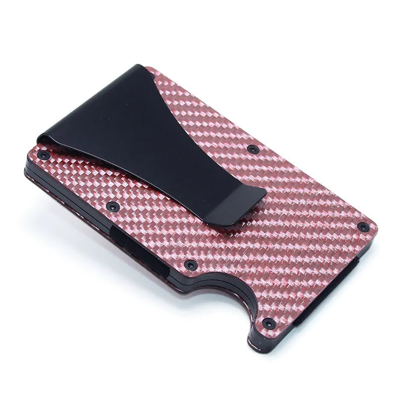 Geometric card holder in black carbon fibre showing slim 8mm profile and card capacity