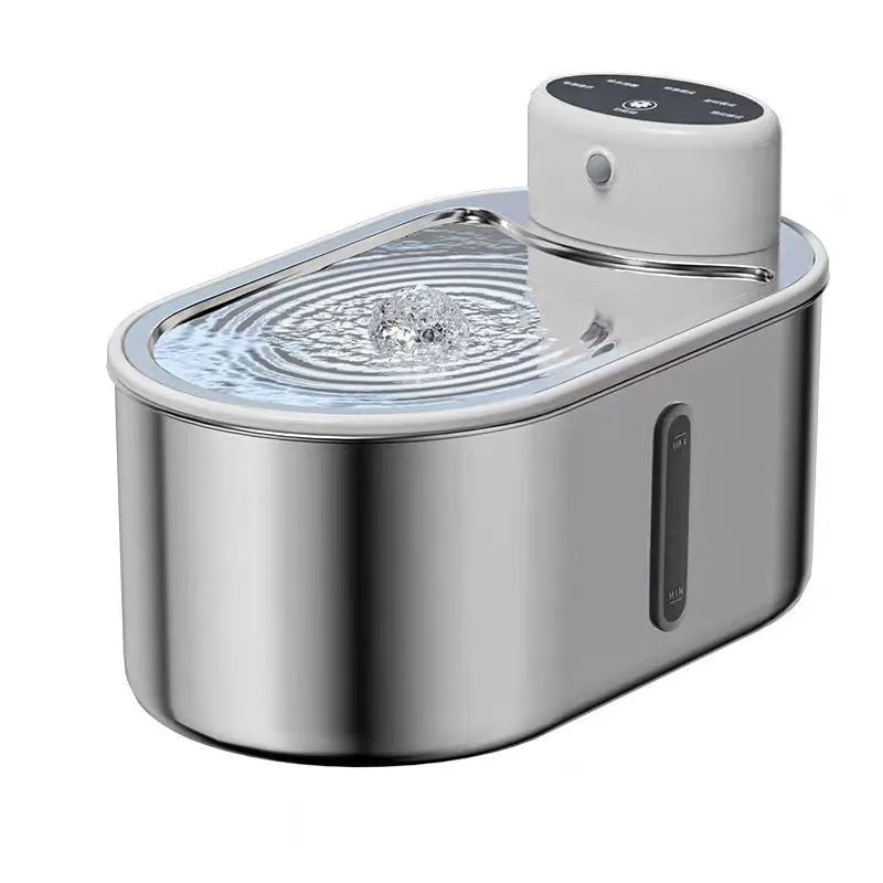 Silver non-plug-in infrared induction pet drink fountain made from all stainless steel with 4000mAh capacity