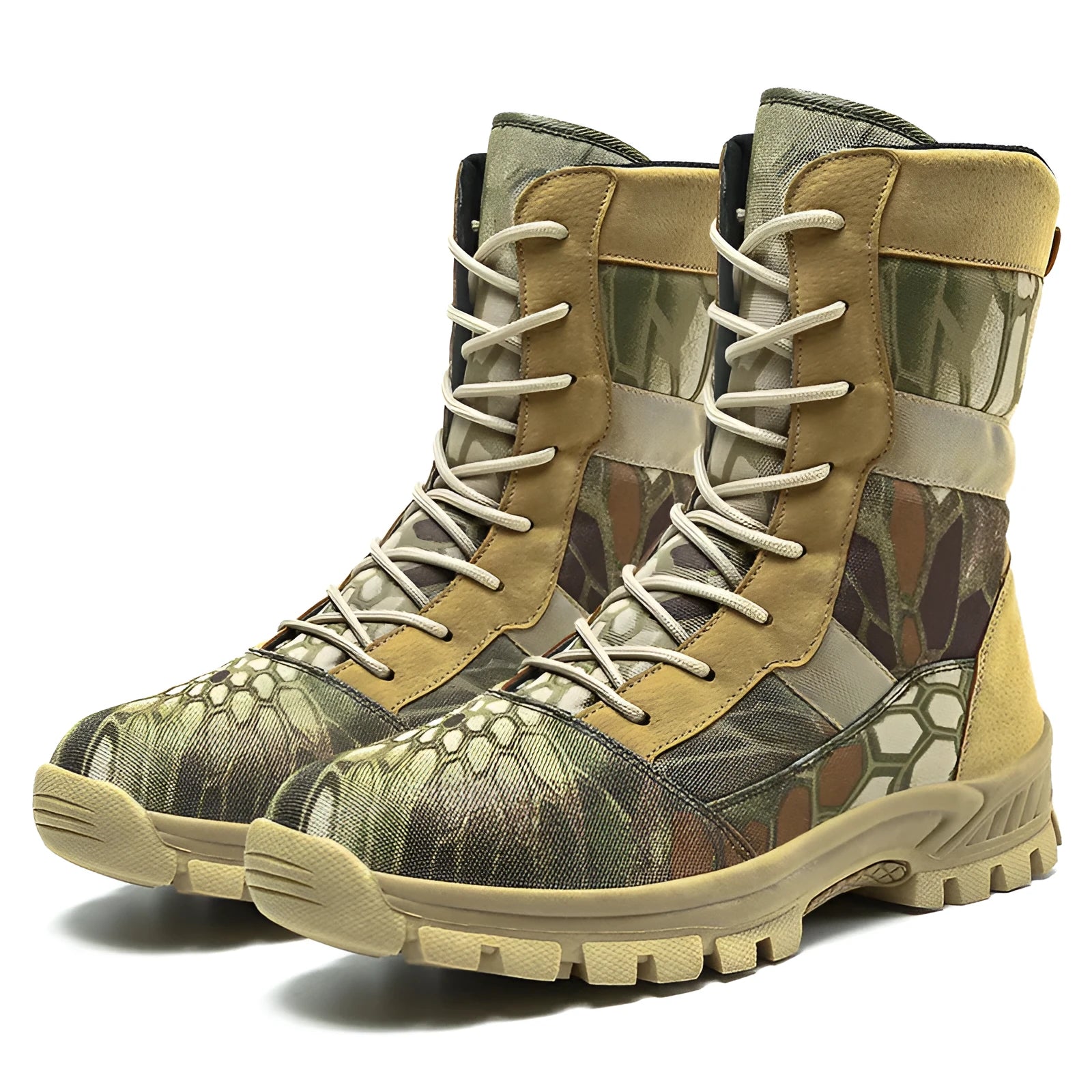Men's black and camouflage high-top combat boots with mesh upper and totem detail