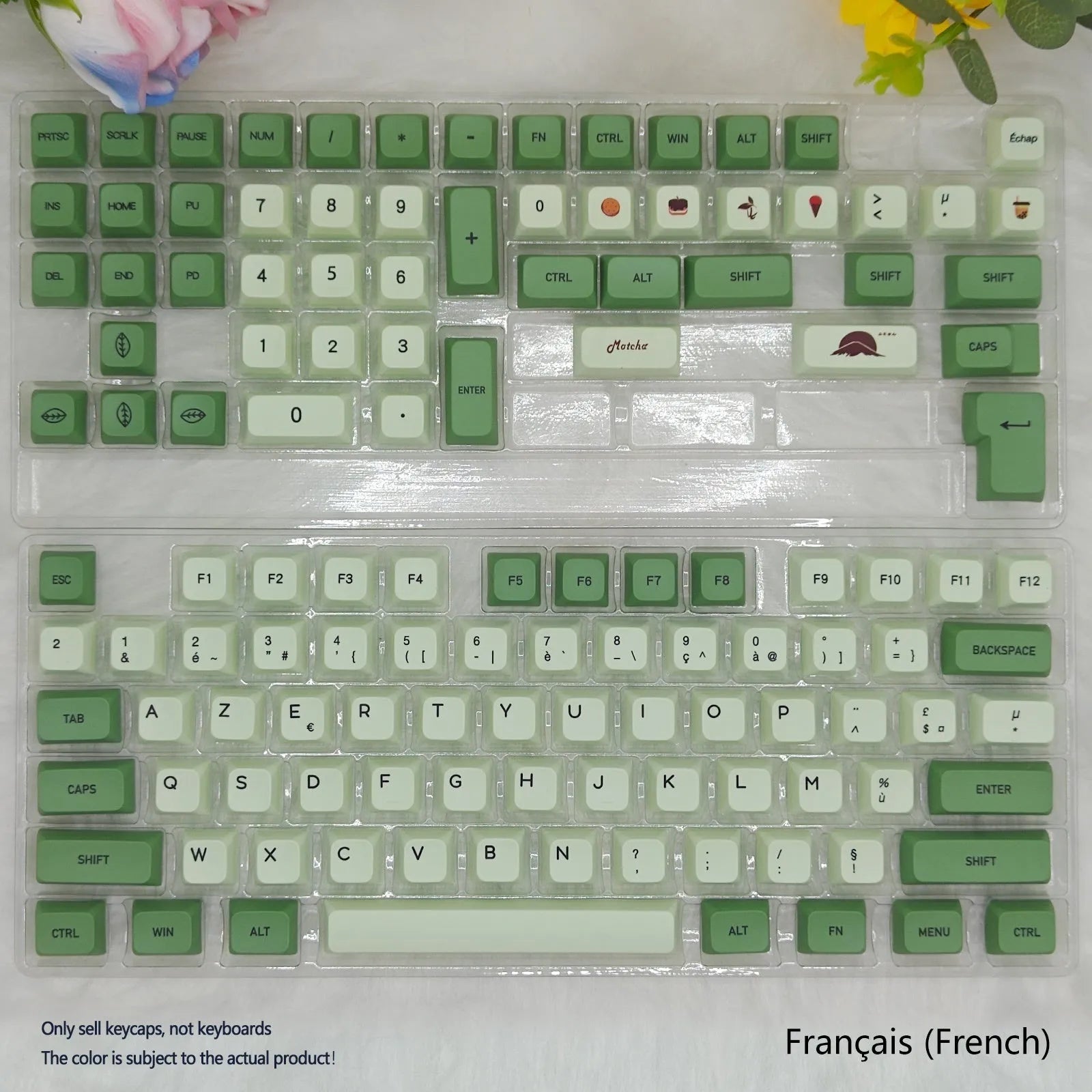 124 PBT dye-sublimation keycap set in matcha green colour on a keyboard.