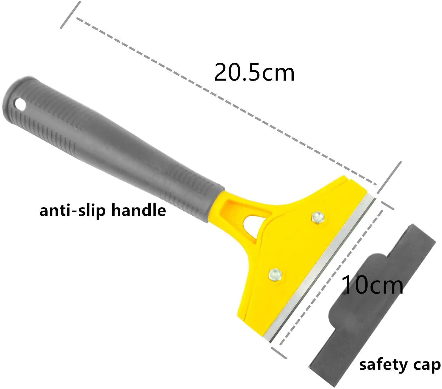 Plastic car window film smoothing tool set with squeegee and scrapers on a white background.