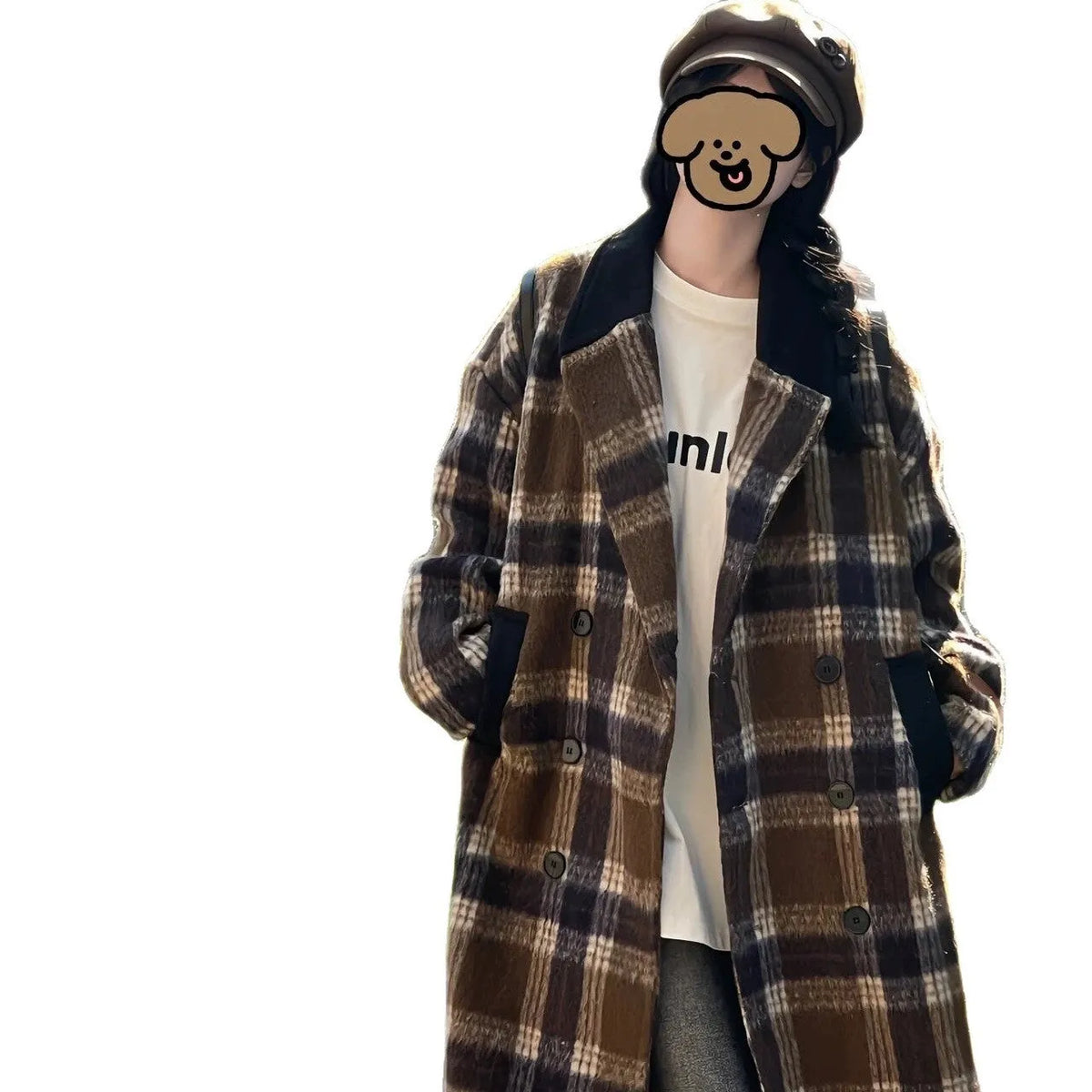 Women's Korean-style plaid coffee woolen overcoat with short straight fit and half sleeves