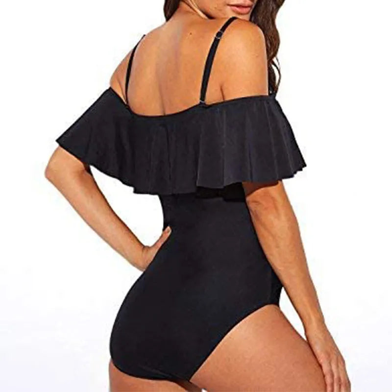 Black women's one-piece cut-out swimsuit with ruffled strap tube top