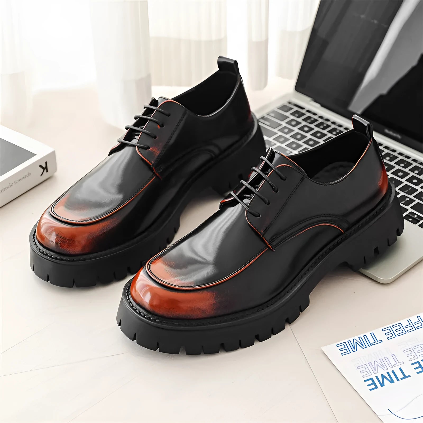 Platform height increasing casual leather shoes in black with round toe and front lace-up closure