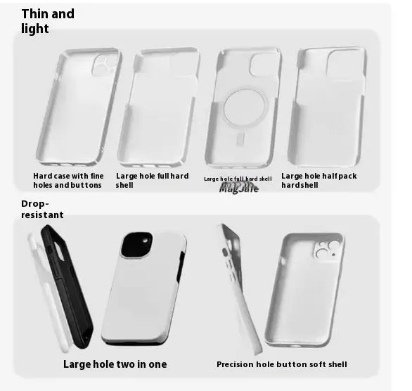 Glossy hard shell iPhone case with large cutouts for buttons and port, shown next to a frosted finish option.