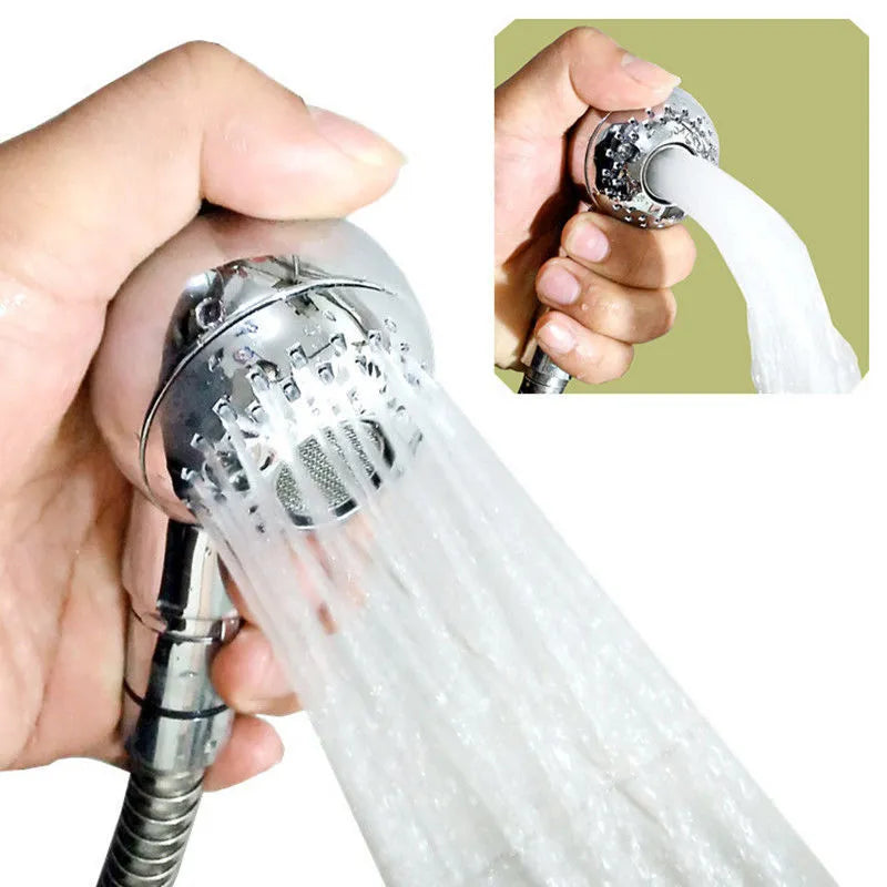 Silver handheld shower head for gentle pet and baby bathing without pressure.