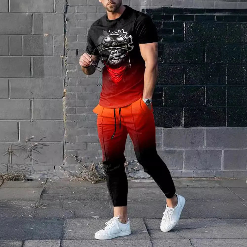 Men's short-sleeved printed pullover suit set with round neck T-shirt and matching trousers on a hanger.