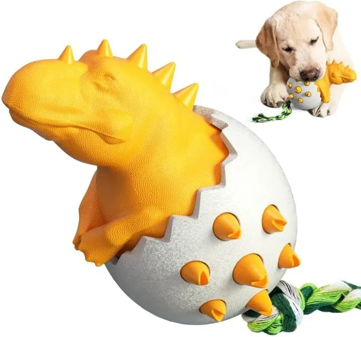 Blue dinosaur-shaped dog chew toy with rubber body and nylon rope tail.