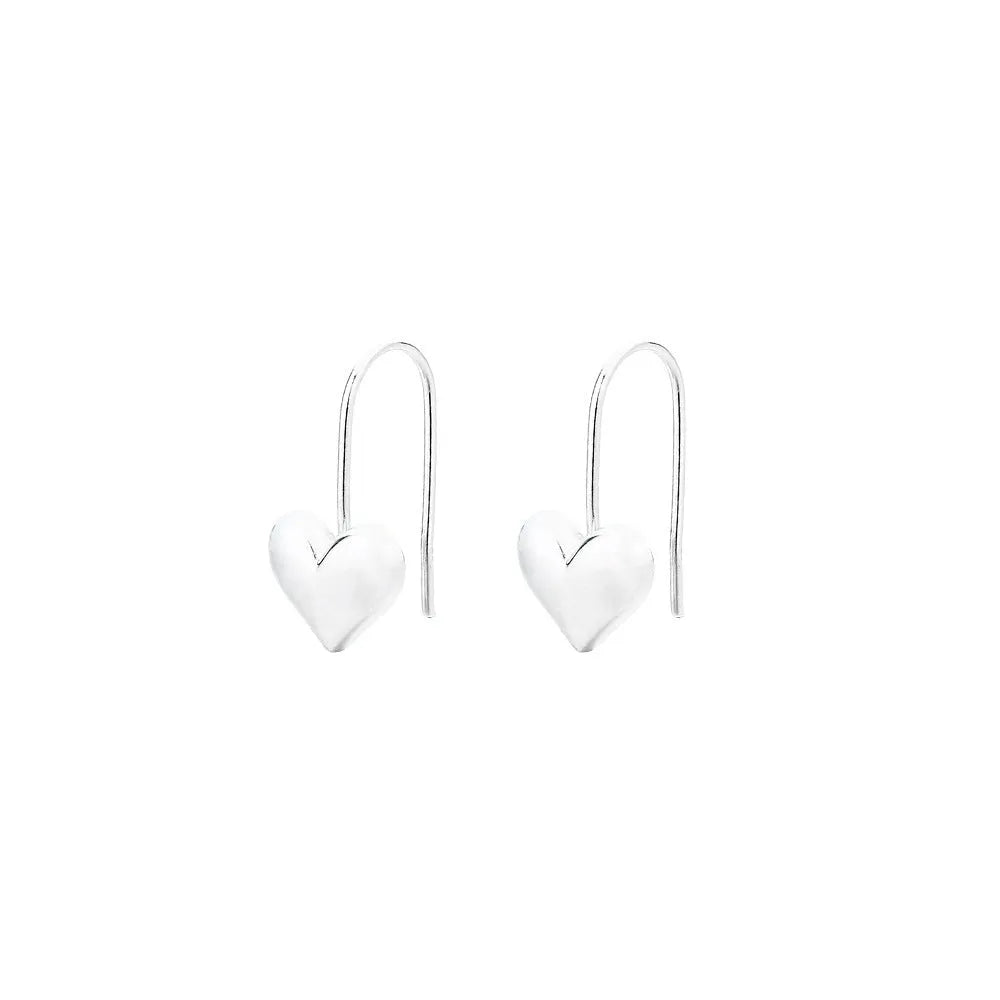 Silver glossy heart-shaped Korean-style earrings with a three-dimensional design on a white background.