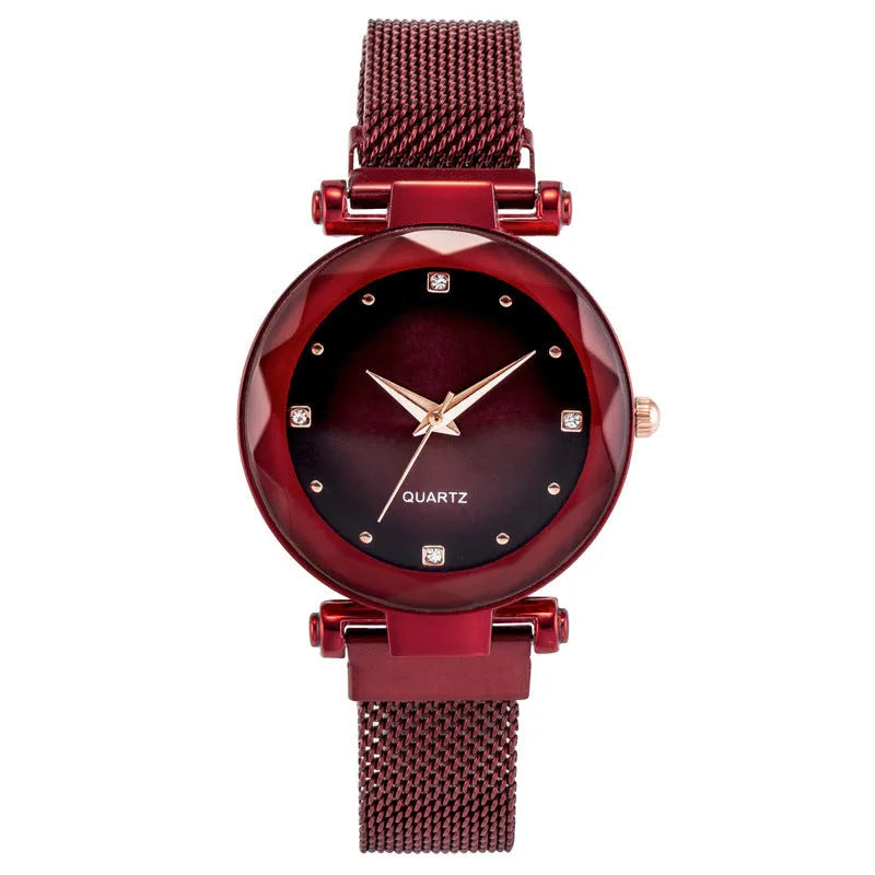 Women's starry quartz watch with magnetic strap and transparent band in L rose gold brown