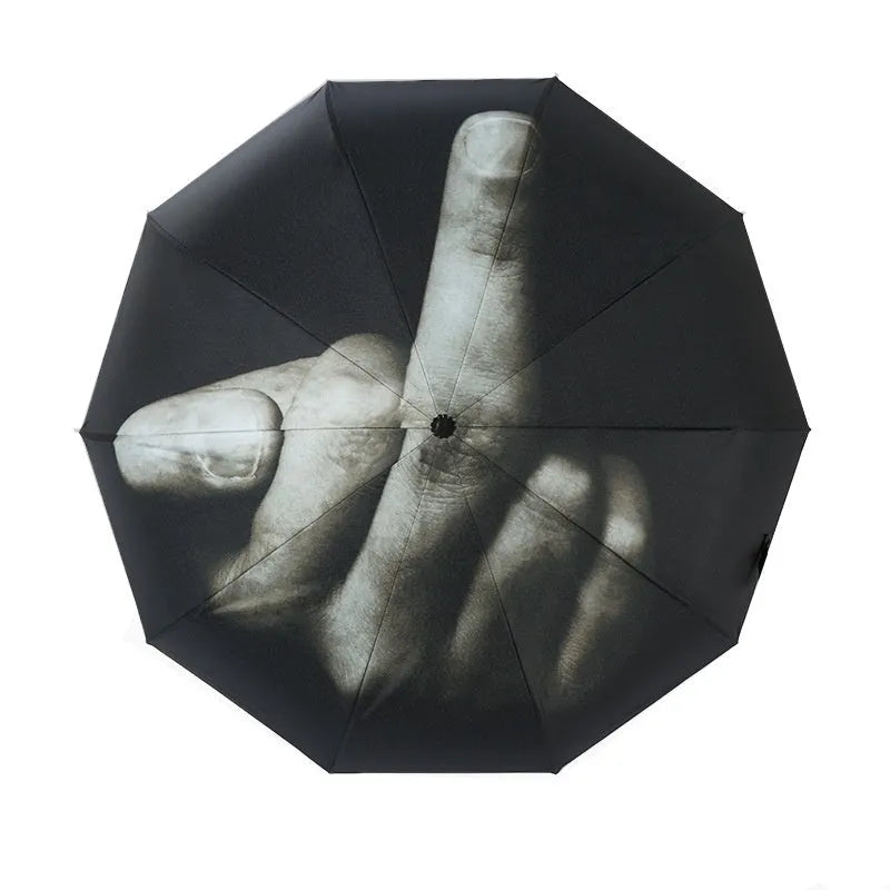 Tri-fold umbrella with eccentric gesture design, shown in folded and open states.