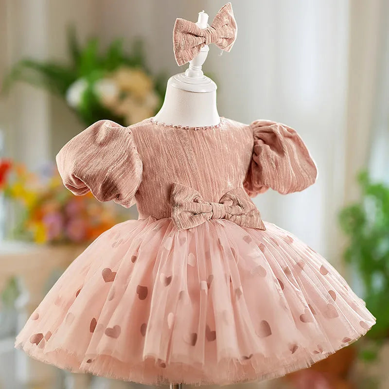 Girls' bean pink puff sleeve puffy gauze princess dress with headband on display