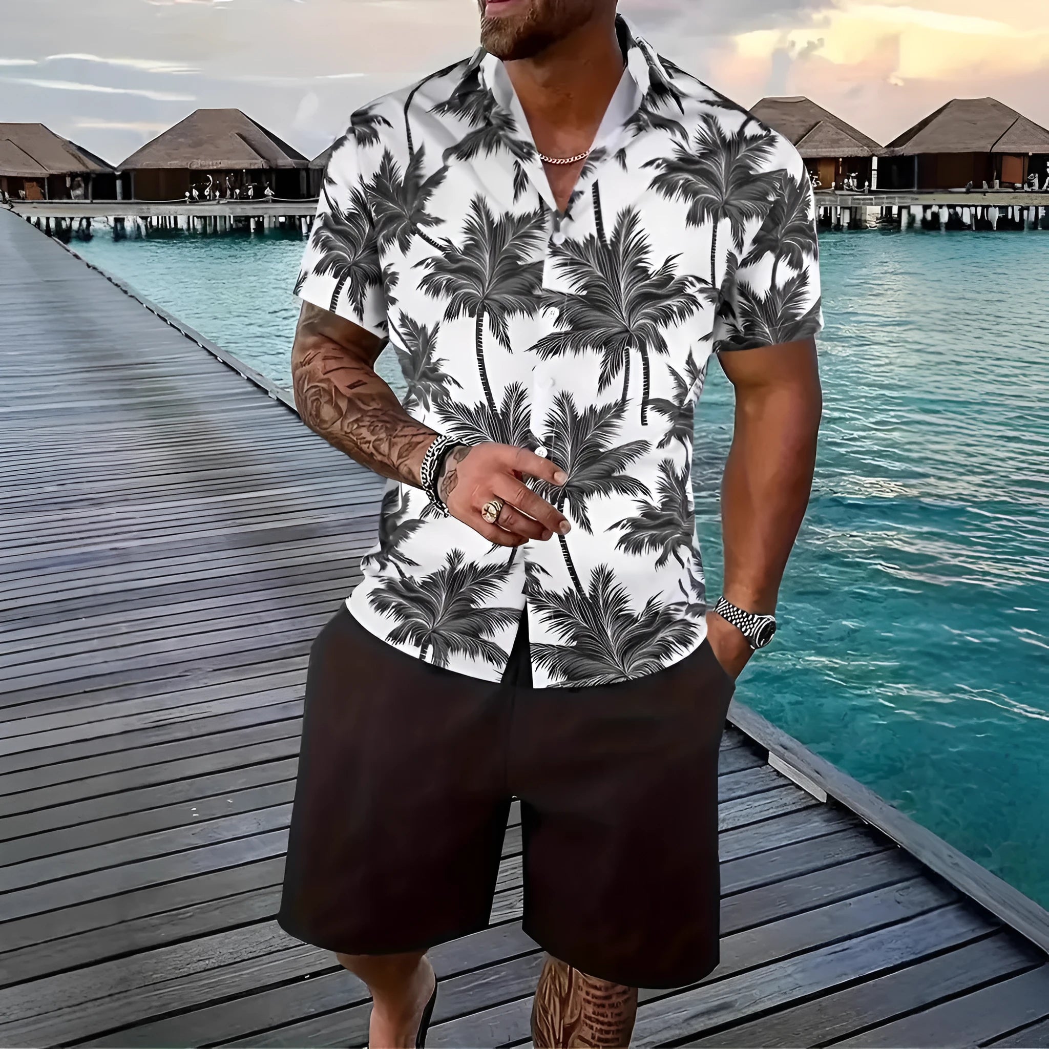 Man wearing a blue Hawaii-themed short sleeve top and matching shorts from a 3D printed leisure suit set.