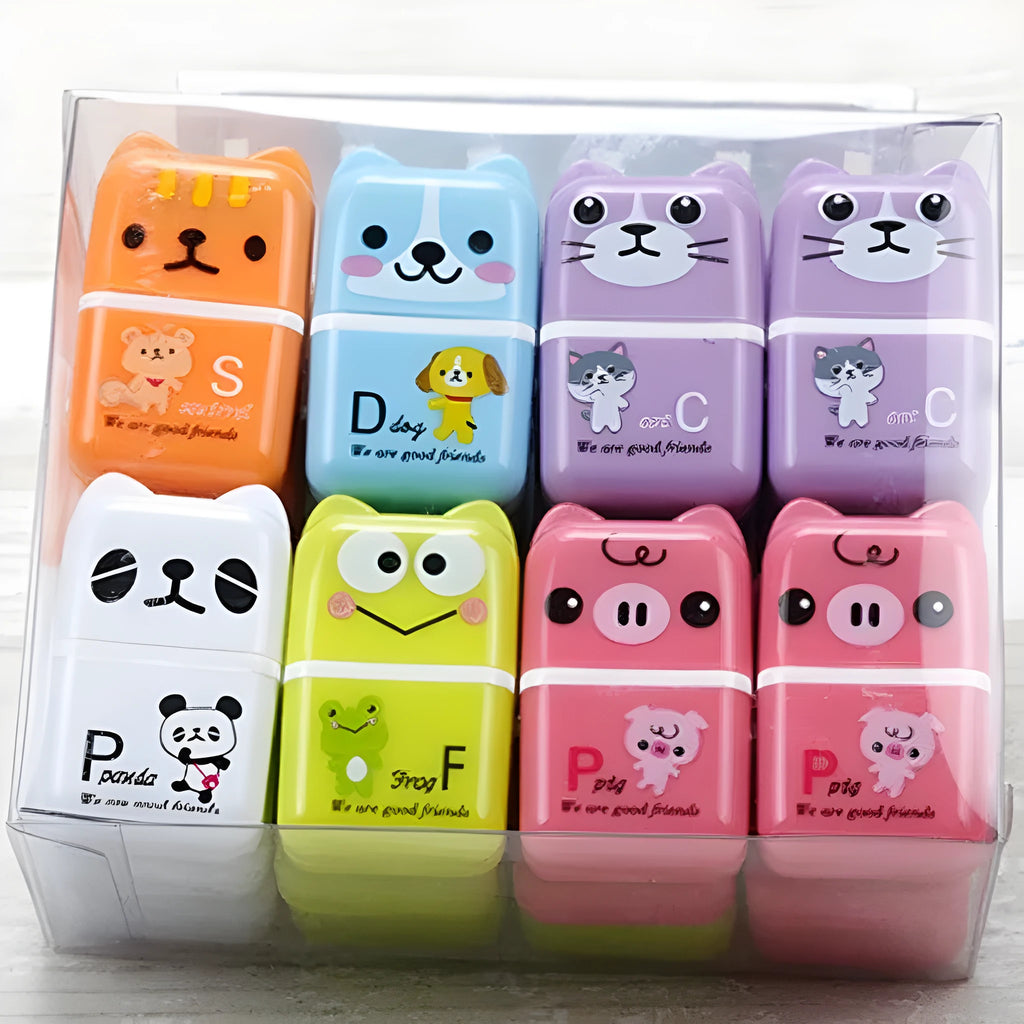 Cartoon animal pencil eraser, plastic, 3x1.5x5cm, mixed colours, 6 pack for pencil writing correction.