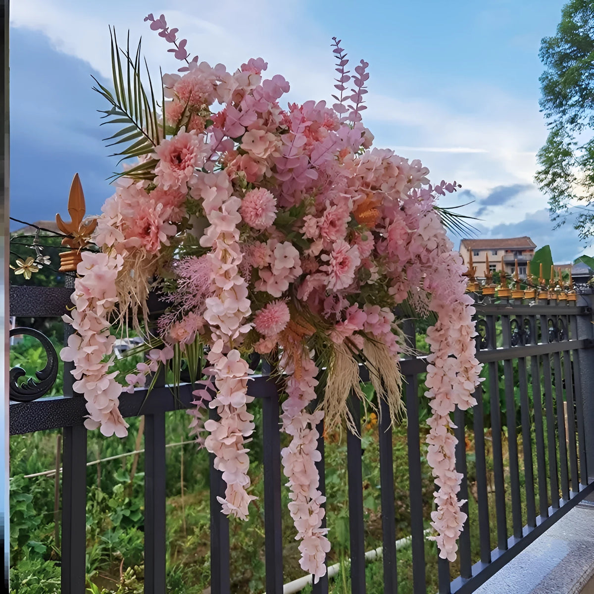 Fake flower row wall hanging decoration with flocking craft, available in white, orange, blue, pink, or purple