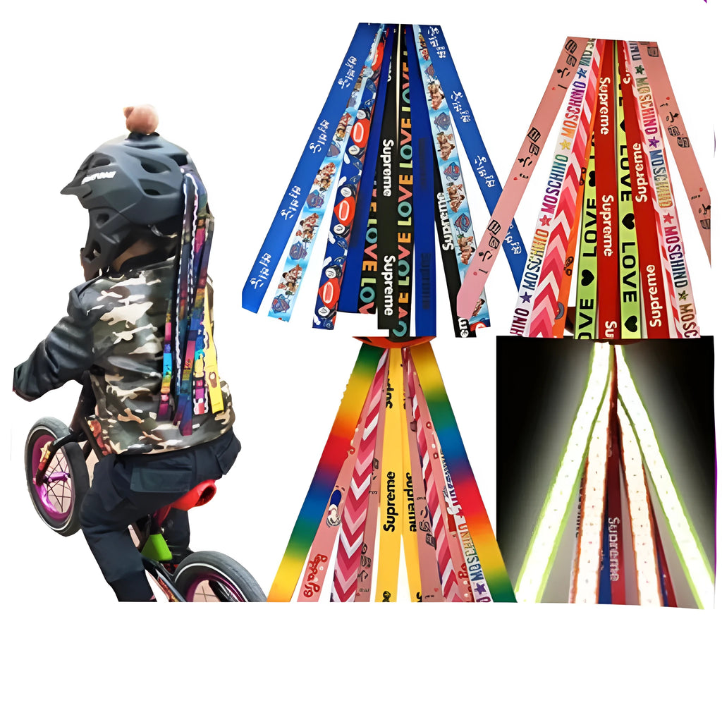 Colourful ribbon streamers attached to a child's helmet for roller skating or cycling decoration.