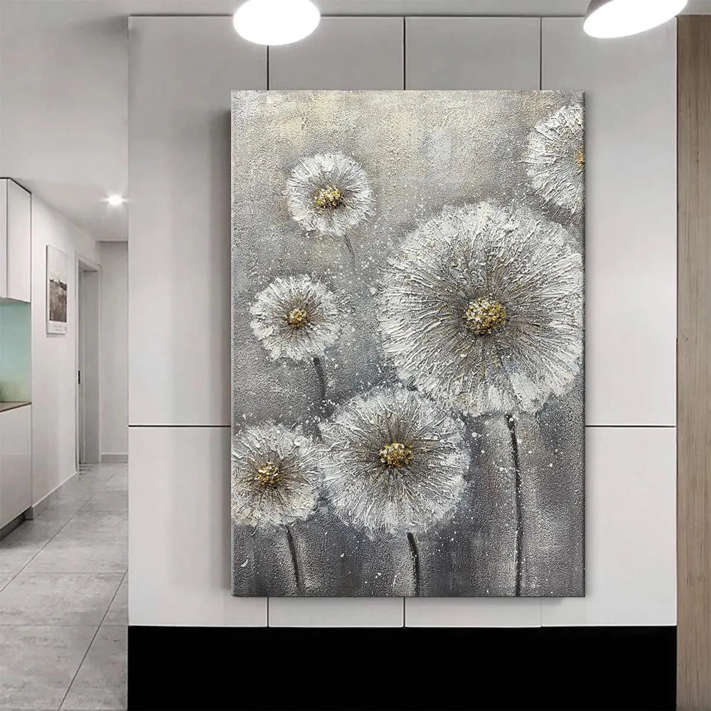 Large hand-painted white flower plant oil painting on grey canvas, unframed vertical single-panel wall art