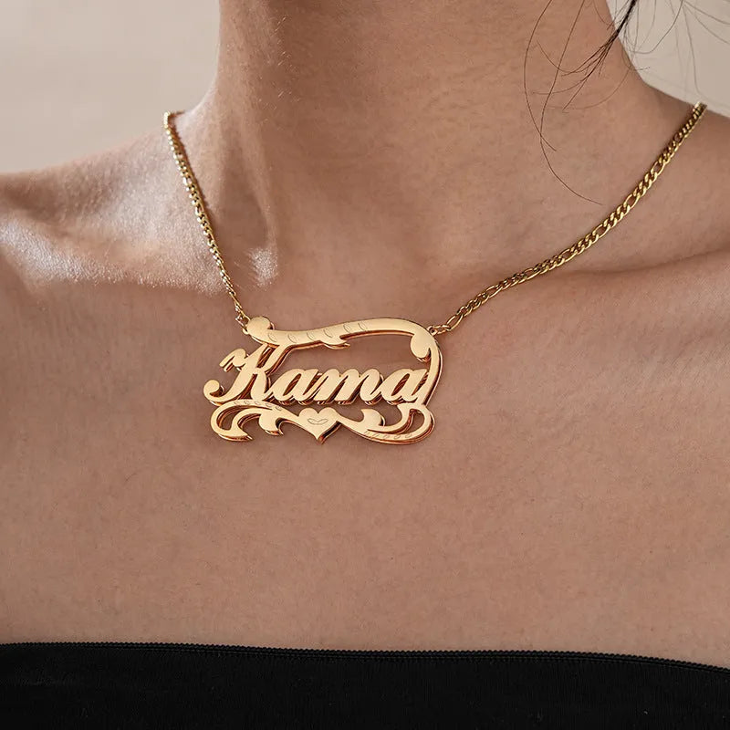 Gold personalised double layer wave heart necklace with custom text engraving on pendant