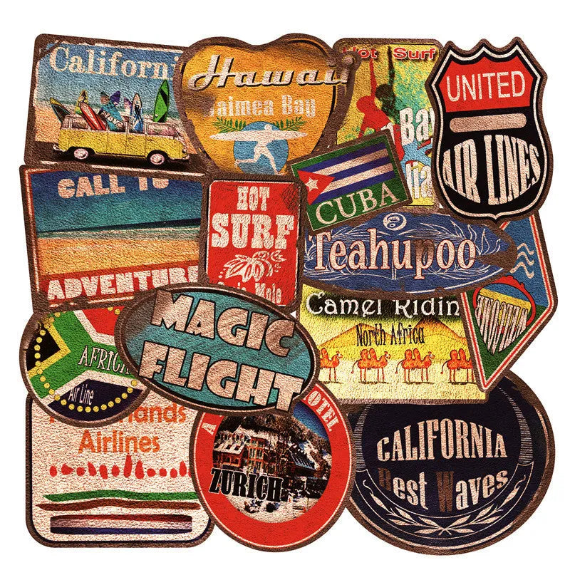 36 retro beach stickers pack with PVC matte film covering showing surfing travel designs