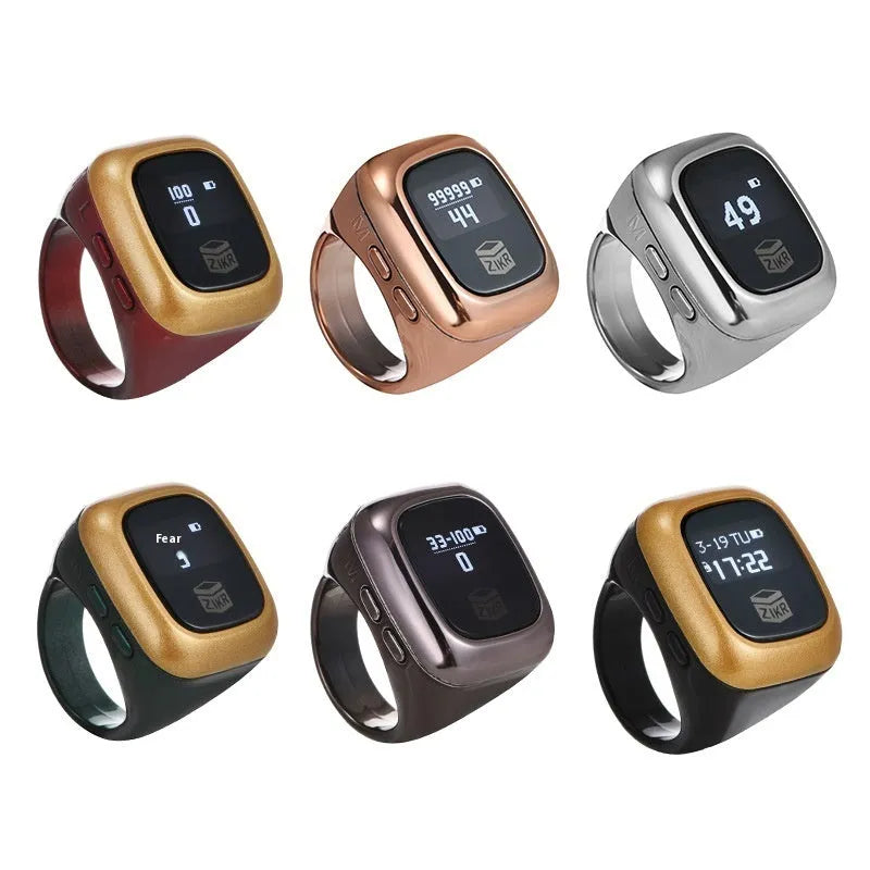 Al-fatiha digital electronic wrist counter with display screen shown in multiple colour options.