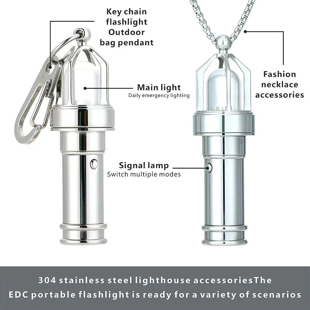 Titanium steel lighthouse flashlight key pendant necklace, unisex sports style, gold or steel colour, square pearl chain