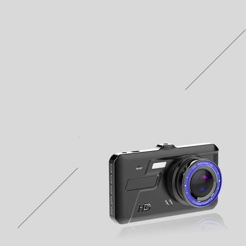 Black car dash cam with 4-inch touch screen and dual lenses for front and rear recording
