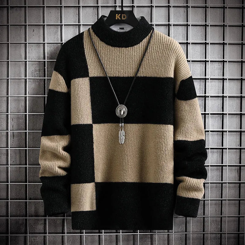 Men's casual cardigan sweater coat in modal fabric, colour block design, available in white collar with black option, thickened loose fit.