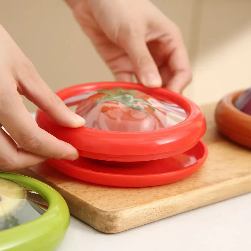 Oval plastic crisper with transparent TPU or silicone film cover for vegetables and fruit, shown in yellow, red, green or brown