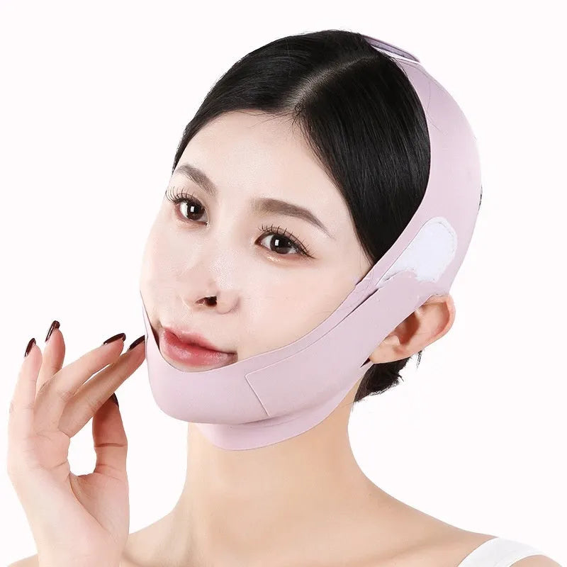 Purple and green V face shaping mask for facial lifting and tightening support.