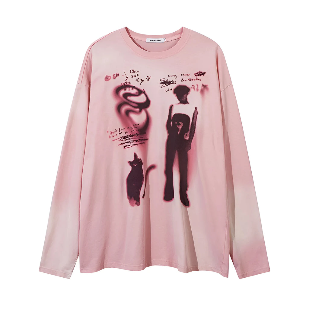 Women's loose cotton pullover top with letter pattern and drop-shoulder sleeves in dark grey