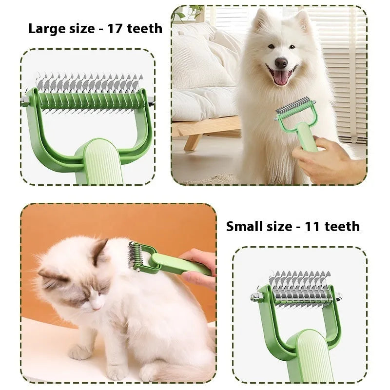 Green and grey dog de-matting combs in small and large sizes, showing angled stainless steel teeth.
