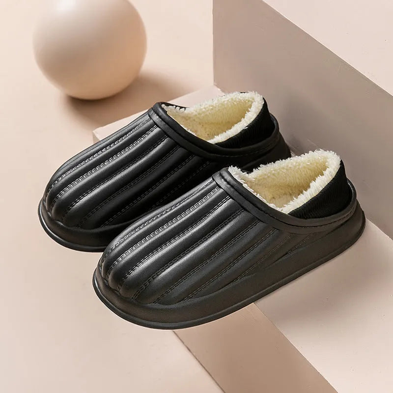 Thickened couple slippers in grey, EVA sole, non-slip, round toe, plush lined winter home shoes