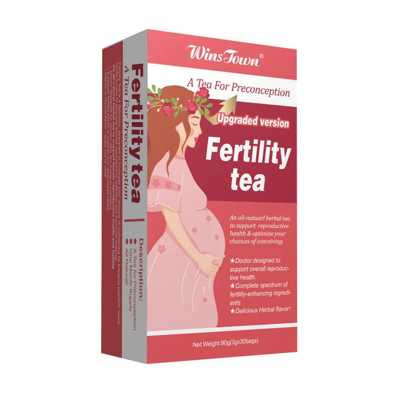 Box of natural fertility tea containing 3 packs of 30 herbal tea bags, 90 bags total.