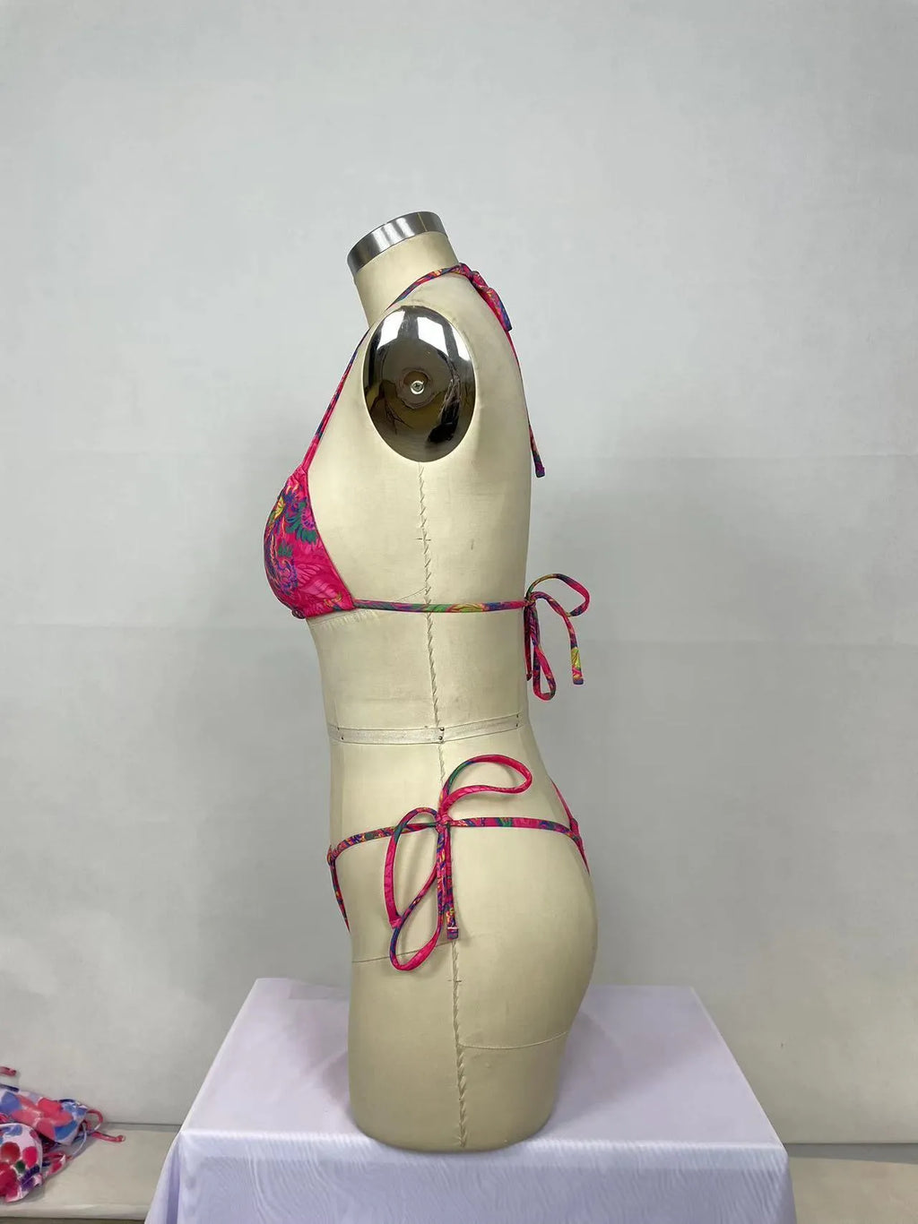 Pink printed women's bikini two-piece set with multiple style options for swimming