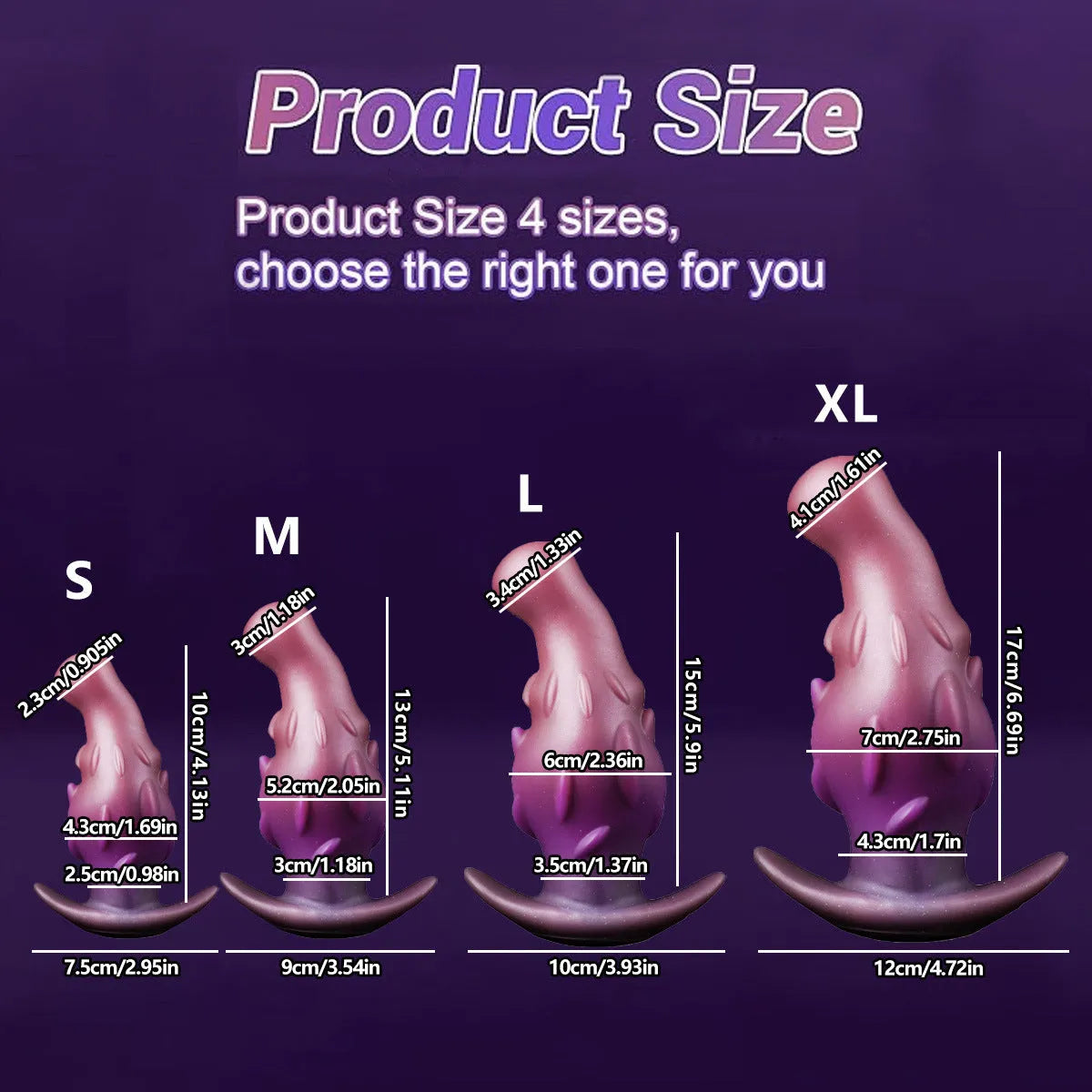Purple, gold, and black silicone masturbator adult toy with size options S through XL