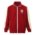 Men's contrast colour cardigan sweater with stand collar and long sleeves, shown in grey, wine red, green, and blue
